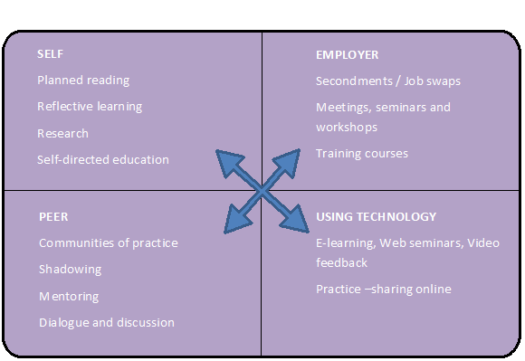 Four quadrant diagram giving examples of porfessional learning inder categories of Self, Employer, Peer and Using technology